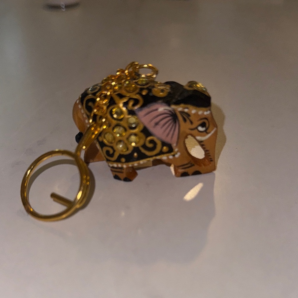 Elephant Keychain Gold Accents intricate carving painting wooden elephant - Picture 2 of 5